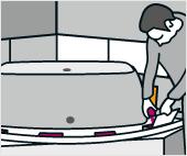 krok Můžete vanu zasadit do vanového nosiče a zkontrolovat, zda vše sedí. 3. krok Skrze otvor na odtok ve vaně se pomocí tužky zakreslí na podlahu montážní poloha sifonu.