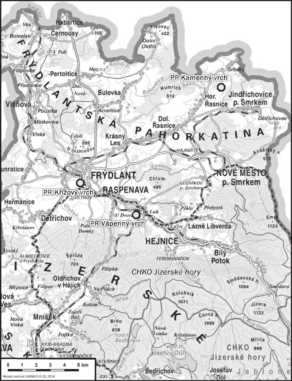 Obr. 1. Poloha zkoumaných lokalit ve Frýdlantské pahorkatině. Mapa O. Tomášek. Fig. 1. Location of study localities in the Frýdlantská pahorkatina Hills.
