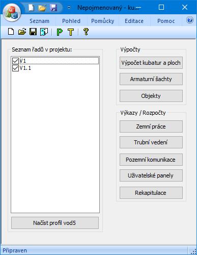 Kapitola 2 První spuštění, nástrojový panel, menu Program byl vytvořen jako nadstavba Podélného profilu voda, plyn.