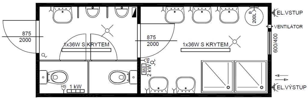 Obr. 2.2.2 Schéma půdorysu sociální buňky Mobilní WC: Na stavbě bude umístěno jedno mobilní WC TOI TOI FLUSH (umístění viz situace ZS).