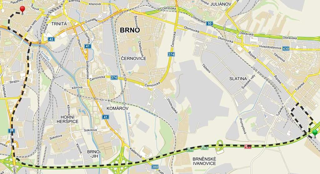 Délka trasy 12,2 km, doba jízdy cca 14 min. Trasa je vedená po dálnici D1 a silnicích I. třídy č. 52, cesty jsou navrženy i pro provoz kamionové dopravy.
