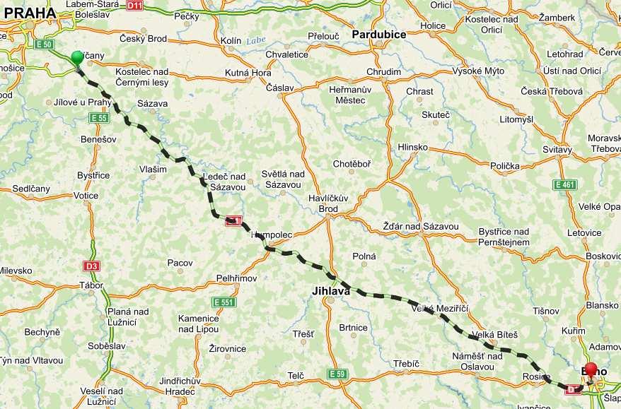 Trasa dopravy betonovací věže, Modletice FNUSA: Trasa spojuje místo stavby se skladem dodavatele betonovací věže, PM CZ s.r.o. Trasou bude dopravena a následně odvezena betonovací věž pomocí tahače s návěsem.