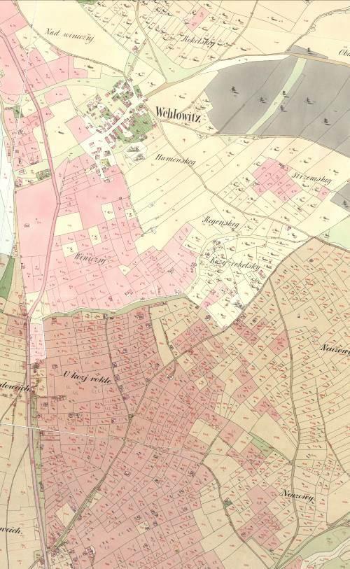 Zákres osad Vehlovice a Kozí Rokle ve Stabilním katastru, mapováno roku 1842. Místní části Vehlovice a Kozí Rokle na leteckém snímku z roku 1954.