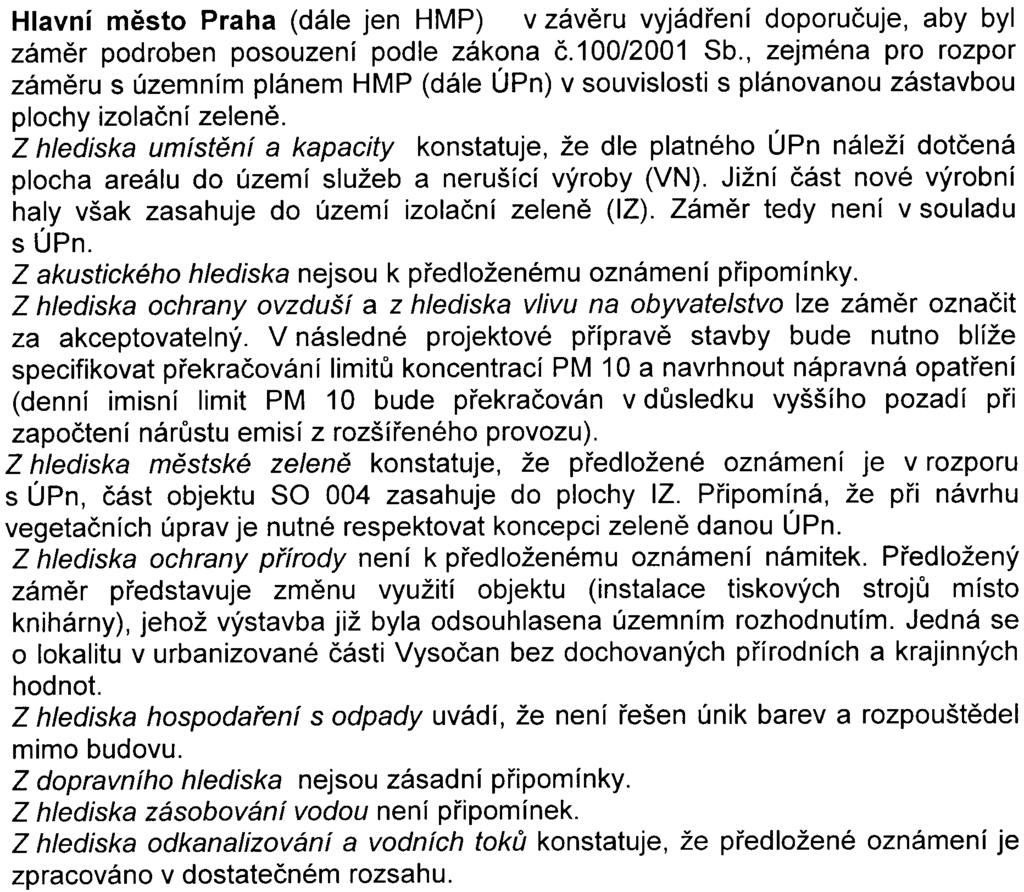 odbor životního prostøedí MHMP - vodoprávní oddìlení Mìstská èást Praha 9 a Èeská inspekce životního prostøedí se k oznámení zámìru nevyjádøily. Rovnìž nebylo doruèeno žádné vyjádøení veøejnosti.
