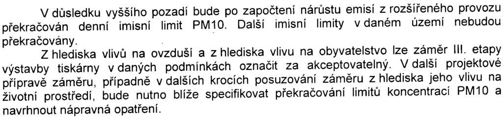 V dùsledku vyššího pozadí bude po zapoètení nárùstu emisí z rozšíøeného provozu pøekraèován denní imisní limit PM10. Další imisní limity v daném území nebudou pøekraèovány.