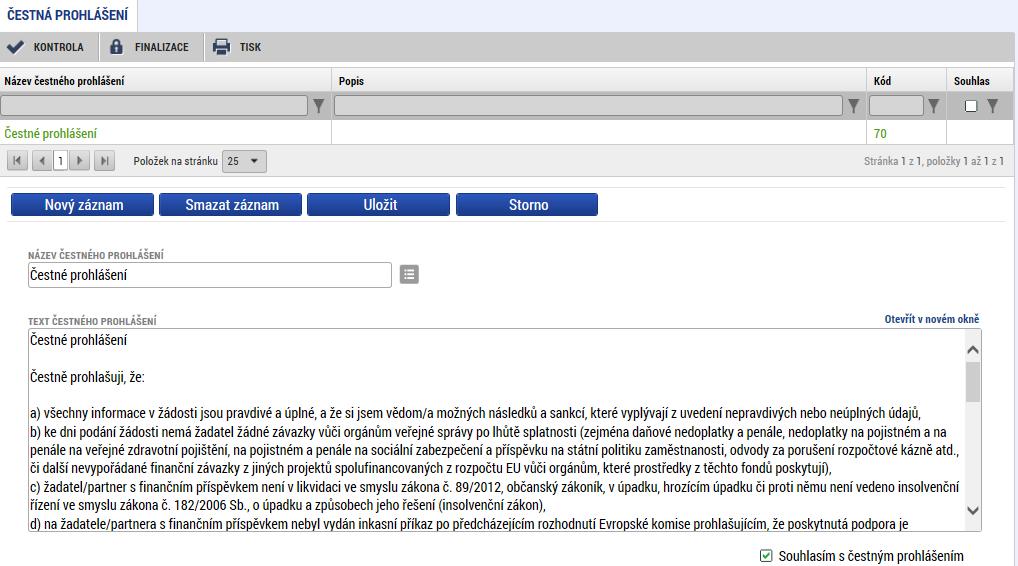 2.11 Čestná prohlášení Záložka obsahuje automaticky načtená čestná prohlášení.