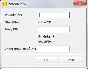 4.1. Změna PINu 1. V PKI Manageru kliknout na volbu Změna PINu. 2. Do políčka Původní PIN zadat: 12345678. 3. Do políčka Nový PIN zapsat nový PIN, který musí mít min. 4 