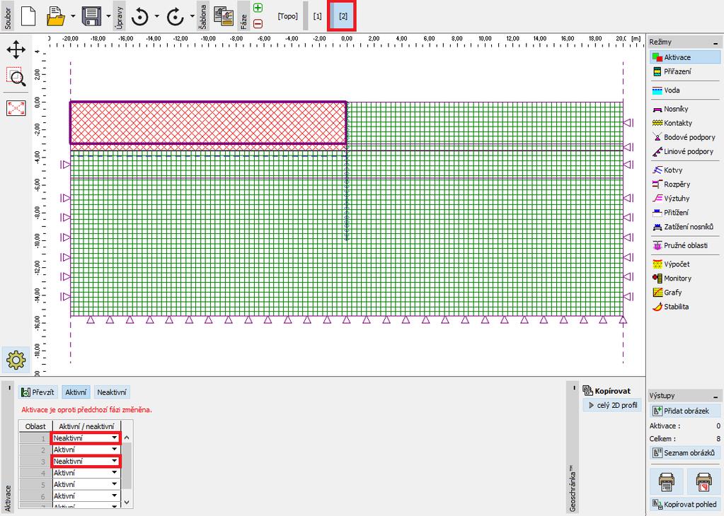 Rám Aktivace Fáze budování 2 Poznámka: Z předchozího obrázku je patrné, že automatický korektor konstrukce zabudovaný v programu rozdělil rozhraní zemin předělené