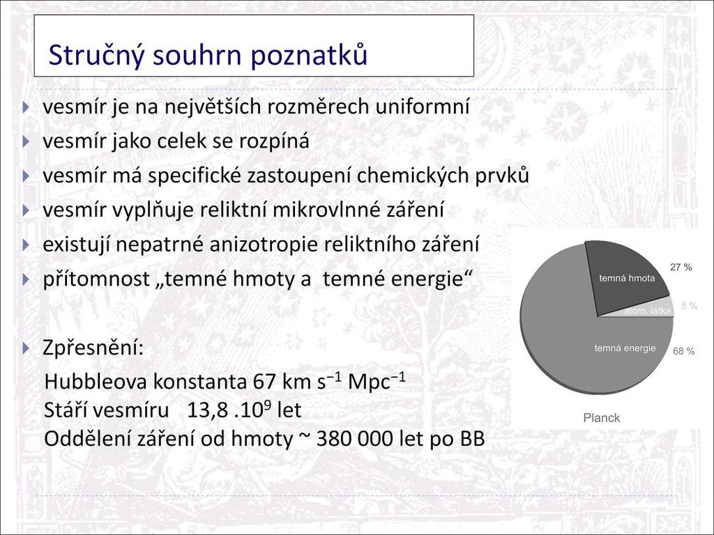 stručný přehled základním faktů o vesmíru, nepůjde nám o chronologický popis zjištěných skutečností, ale o jejich