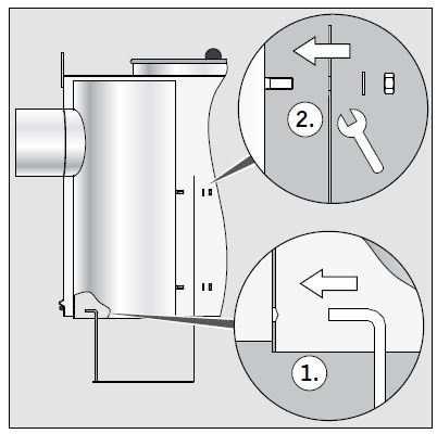 4.1 Typ Hydrojet UPOZORNĚNÍ Ujistěte se, že je usměrňovací deska umístěna správně (usměrňovací plech je pod otvorem pro ponorné přívodní potrubí).