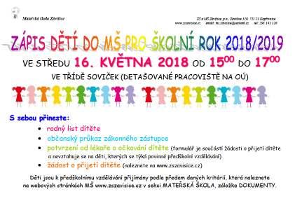 Milí rodiče, zveme Vás a Vašeho předškoláčka na ZÁPIS DO 1. ROČNÍKU ZÁKLADNÍ ŠKOLY PRO ŠKOLNÍ ROK 2018/2019, který se koná dne 17.