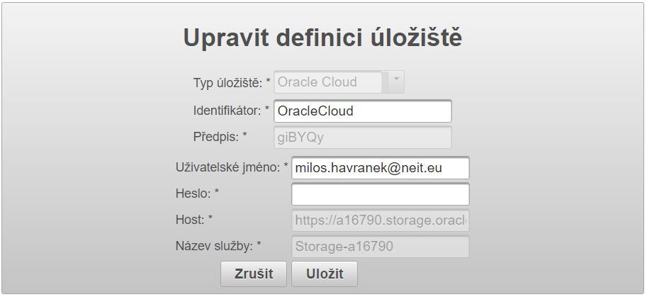 Service name The name of the service that is created for you on Oracle Cloud for storage purposes.