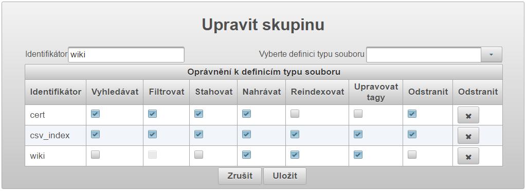 Authorization to define the file type: Identifier Search Filter Download Upload Reindex Manage tags Delete Name of file type definition. Allows users to search in files.