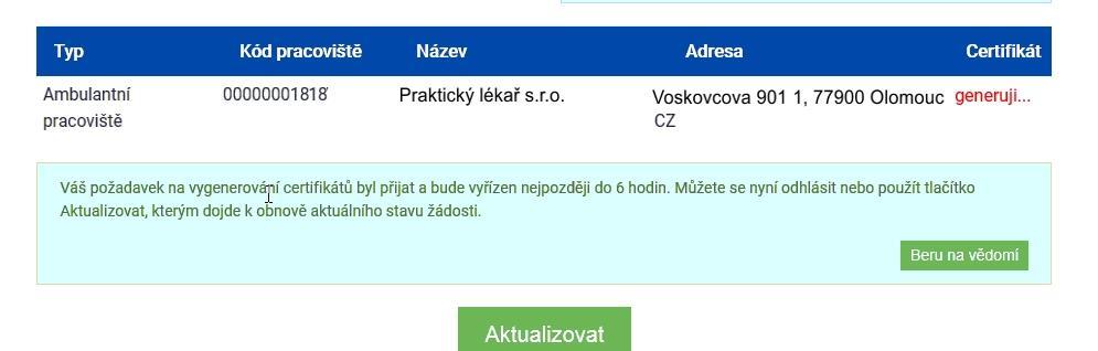 Doporučujeme proto v této fázi generování ukončit a vrátit se k této službě za cca 1 hodinu.