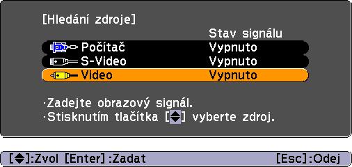 Následující obrazovka se objeví, pokud je aktuálně přijímán jen promítaný obrazový signál nebo pokud není přijímán žádný obrazový signál. Na této obrazovce můžete zvolit vstupní zdroj.