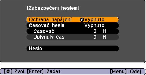 Funkce zabezpečení 27 Když je funkce Password Timer (Časovač hesla) nastavena na On (Zapnuto) a používáte funkci Timer (Časovač) Po zapnutí se výzva k zadání hesla vůbec neobjeví, dokud neuplyne