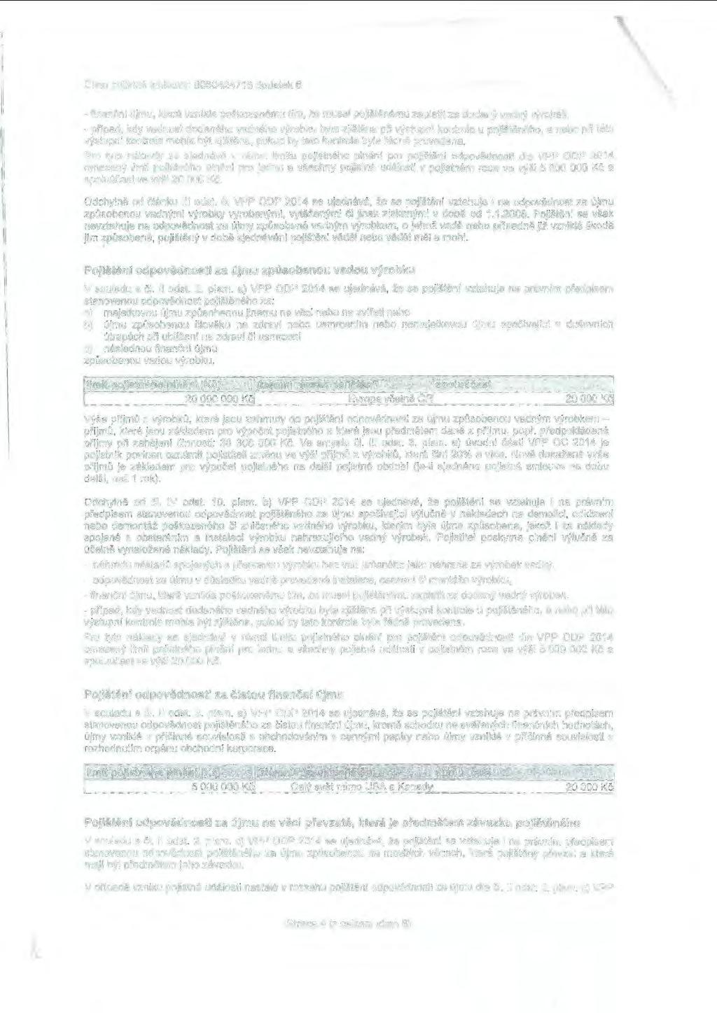 ' Č í slo pojistné smlouvy: 8060424715 dodatek 6 - financni újmu, která vznikla poškozenému tím, že musel pojištěnému zaplatit za dodaný vadný výrobek, - pflpad, kdy vadnost dodaného vadného výrobku