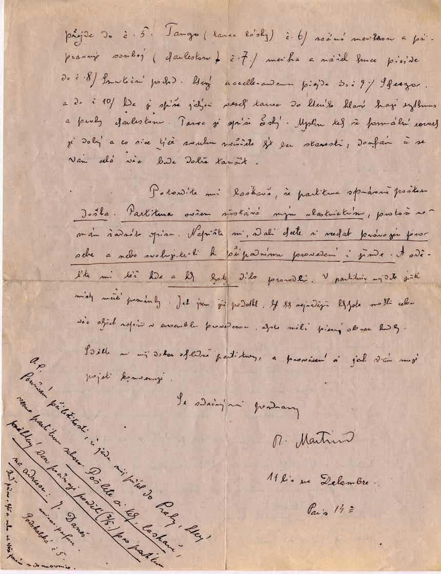 // TYPY PRAMENŮ // 61 Stručný obsah dopisu: Bohuslav Martinů píše, že dokončil balet Kuchyňská revue a posílá ji s tímto dopisem.