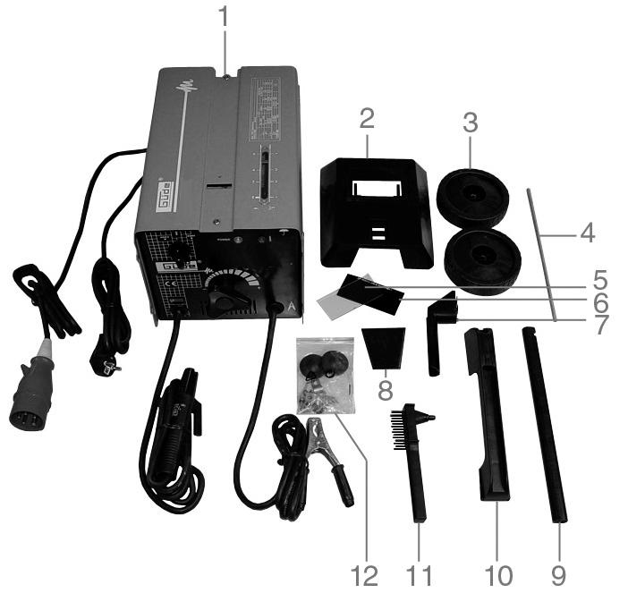1 Přístroj Korpus z ocelového plechu (s práškovou barvou), pojízdný s chladicím ventilátorem, s možností přepínání 230/400 V, plynulé nastavení svařovacího proudu, tepelná ochrana, pro elektrody 2-4