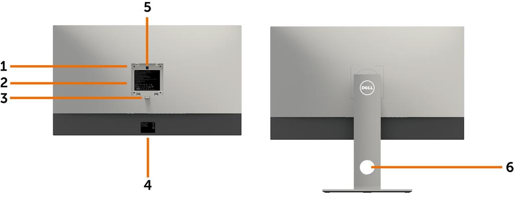 Pohled zezadu Štítek Popis Použití 1 Montážní otvory VESA 100 mm x 100 mm (pod krytem VESA) Připevněte monitor na stěnu pomocí sady držáku na stěnu standardu VESA (100 mm x 100 mm).