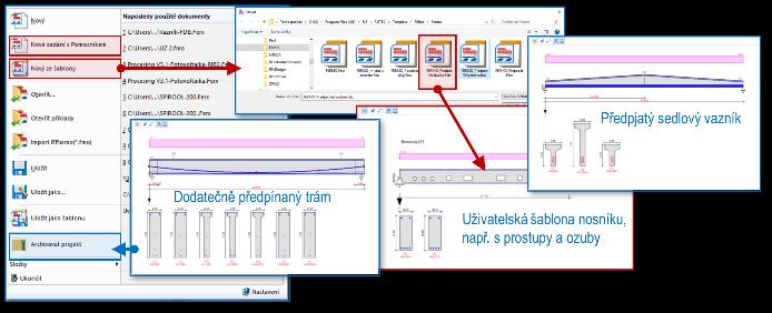 Zadání stavebně obvyklých průběhů průřezů velmi usnadňují nabízená parametrická schémata od jednodušších tvarů nosníku, až po parametrické schéma sedlového vazníku s náběhy a zesílením u podpor.