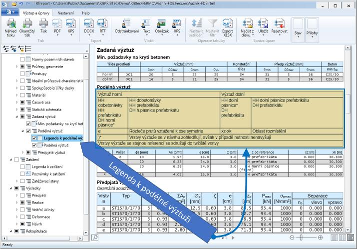 Každou tabulku výsledků lze volitelně doplnit legendou, která obsahuje výklad k dokumentovaným veličinám, použité jednotky atd.