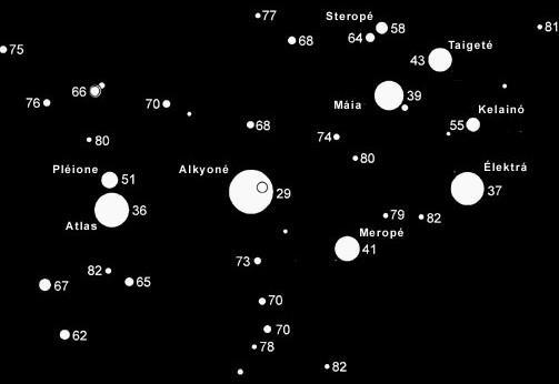 Jasné stálice tohoto seskupení mají i svá jména. Nejzářivější je Alcyone, která má svítivost 795x větší než naše Slunce a její jasnost je 2,9 mag. Velmi zajímavá je i hvězda Pleione.