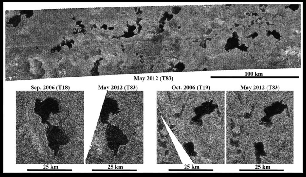 Titan Kapalina na povrchu důkazy o kapalině na povrchu přinesly až radarové snímky z let 2006-2007, na kterých jsou jasně patrné tmavé skvrny v oblasti Titanových pólů, jedná se o jezera metanu (snad