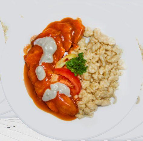 Főételek Hauptspeisen / Main dishes / Hlavní jídla / Dania główne Paprikás csirkemell galuskával Paprikahuhn mit Nockerln Paprika chicken with dumplings Papríkový kuře s knedlíčkem Kurczak