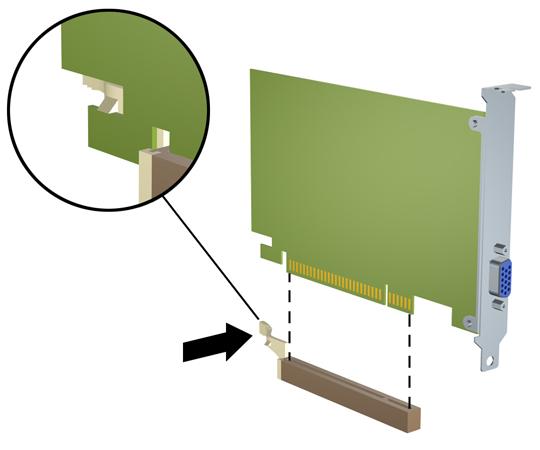 c. Pokud vyjímáte kartu PCI Express x16, odklopte pojistnou páčku na zadní straně zásuvky směrem od karty a opatrně kartu vytahujte a současně naklánějte dopředu a dozadu, dokud se její konektory