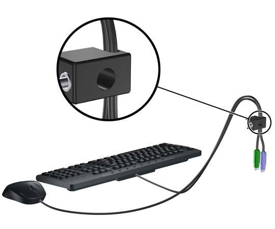 2. Protáhněte zámkem kabel myši a klávesnice. Obrázek C-4 Protažení kabelů klávesnice a myši 3.