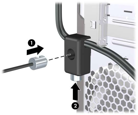 4. Vložte zástrčku bezpečnostního kabelu do zámku (1) a zámek zavřete