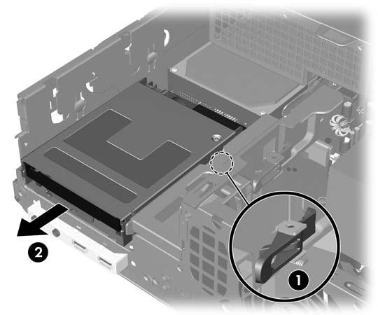3. Stisknutím zelené zajišťovací západky (1) umístěné na straně jednotky uvolněte jednotku z modulu jednotek. Vysuňte jednotku směrem dopředu přibližně o 6 mm (2).