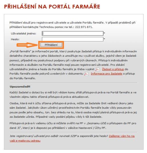 Po kliknutí na záložku PORTÁL FARMÁŘE se v hlavičce webových stránek SZIF zobrazí okno pro přihlášení (obr. 2).