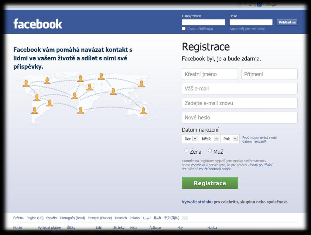 3 Heuristická evaluace 3.1 Založení profilu Obr. 3.1.1 Úvodní stránka Facebook.