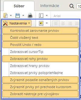 Nastavenia Tlačidlo Nastavenia slúži na rôzne nastavenia práce v predlohe.