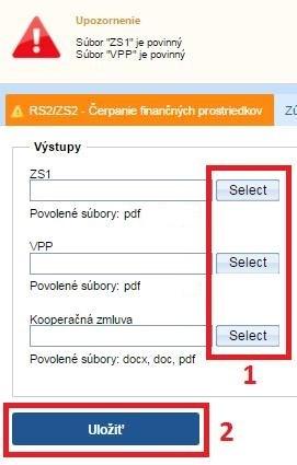 Súbory ročná / záverečná správa (RS1 / ZS1) a VPP sú povinné, súbor Kooperačná zmluva je povinný iba pre všeobecnú výzvu VV 2014. Všetky uvedené súbory odporúčame nahrať vo formáte PDF.