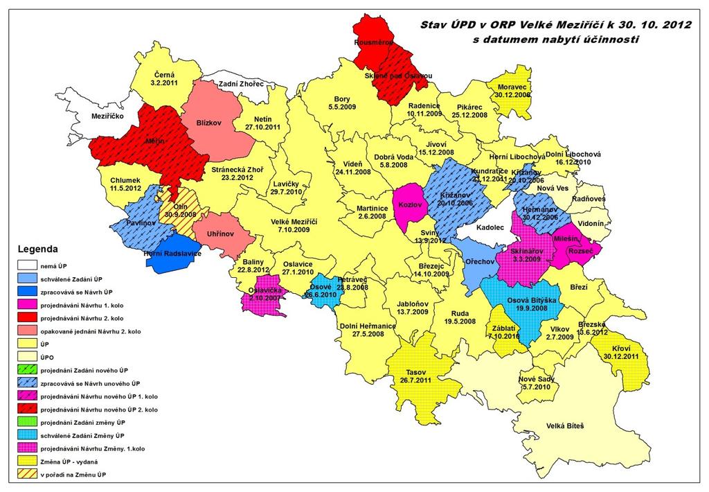 Obec Schválení (účinnost) Stav současný Rousměrov projednávaní Návrhu 2. kolo Rozseč projednávání Návrhu 1. kolo Ruda 19. 5. 2008 Sklené nad Oslavou projednávaní Návrhu nového ÚP 2. kolo Skřinářov 3.