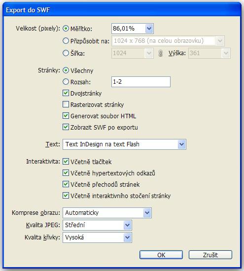 6. Keď exportujeme do súboru SWF, v sekcii Interaktivita je štandardne vybraná voľba Včetně interaktivního stočení stránky, ktorá zabezpečí animované listovanie stránkami, ak myš umiestnime v