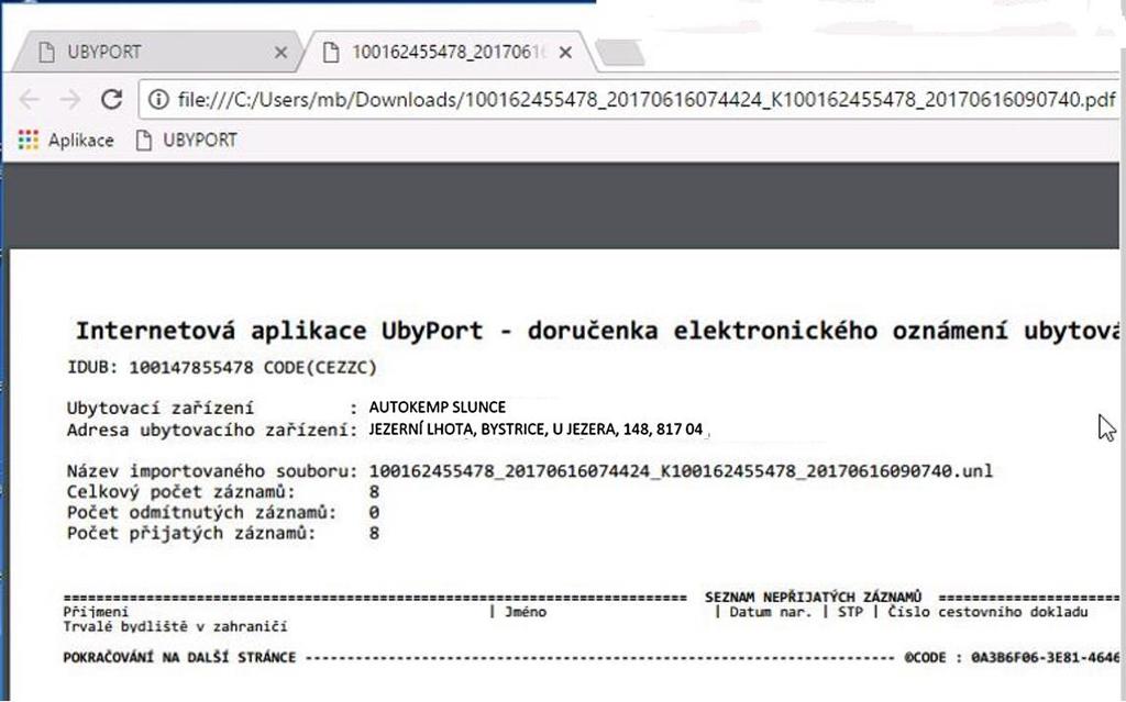 se otevře PDF dokument informující o splněné ohlašovací povinnosti nebo případně o chybách v zasílaných datech: OPRAVA CHYBNÝCH DAT Pokud doručenka informuje o chybách v odeslaných datech (v souboru