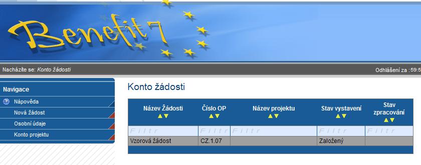 V tabulce jsou přehledně uvedeny údaje ke kaţdé ţádosti: Název žádosti zadáváte na záloţce Identifikace ţádosti.