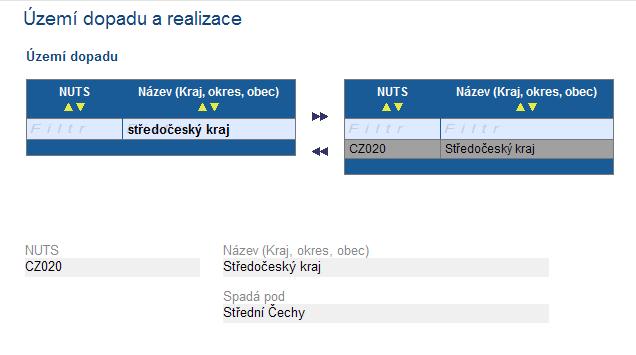 celý název poţadovaného území Stisknutím tlačítka Enter se zobrazí názvy dle zadaného Filtru. Ţadatel vybere poţadované území.