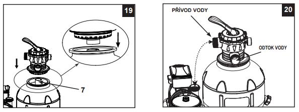 vývodní přípojka (z filtrace do bazénu) na ventilu směřuje k bazénu a že vstupní přípojka (z motoru do ventilu) je v jedné linii s odtokem motoru (viz obr. 20
