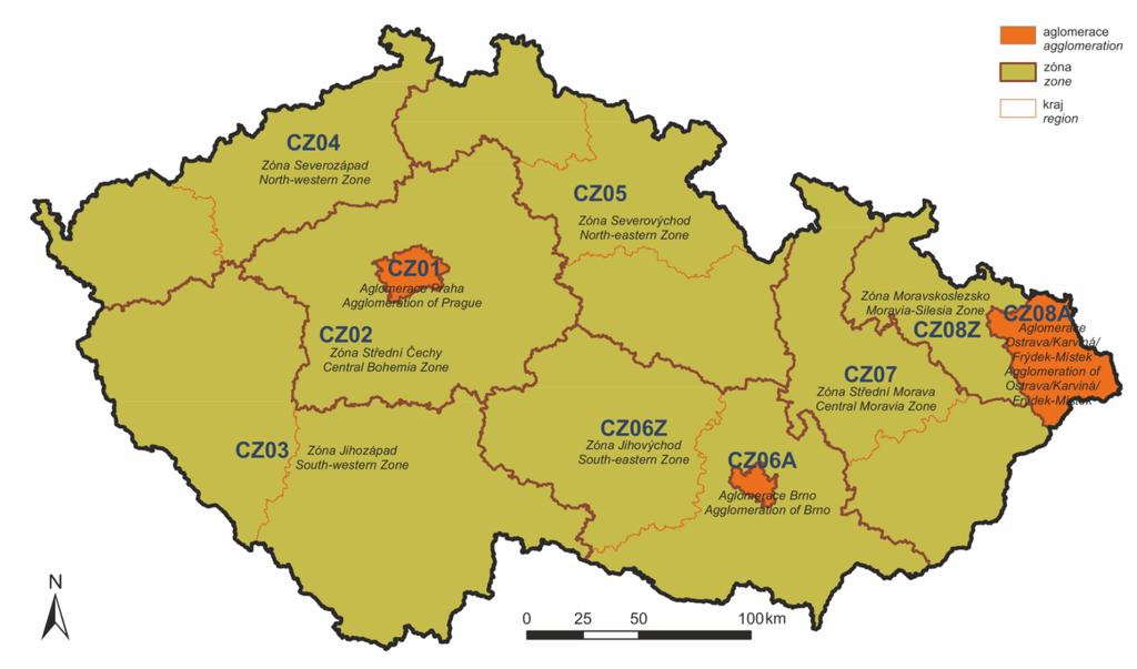 F.1.4. Členění ČR na zóny a aglomerace Obrázek 14: Vymezení zón a aglomerací v České republice F.2. Aglomerace Ostrava/Karviná/Frýdek-Místek - CZ08A F.2.1. Stanovení cíle Programu zlepšování kvality