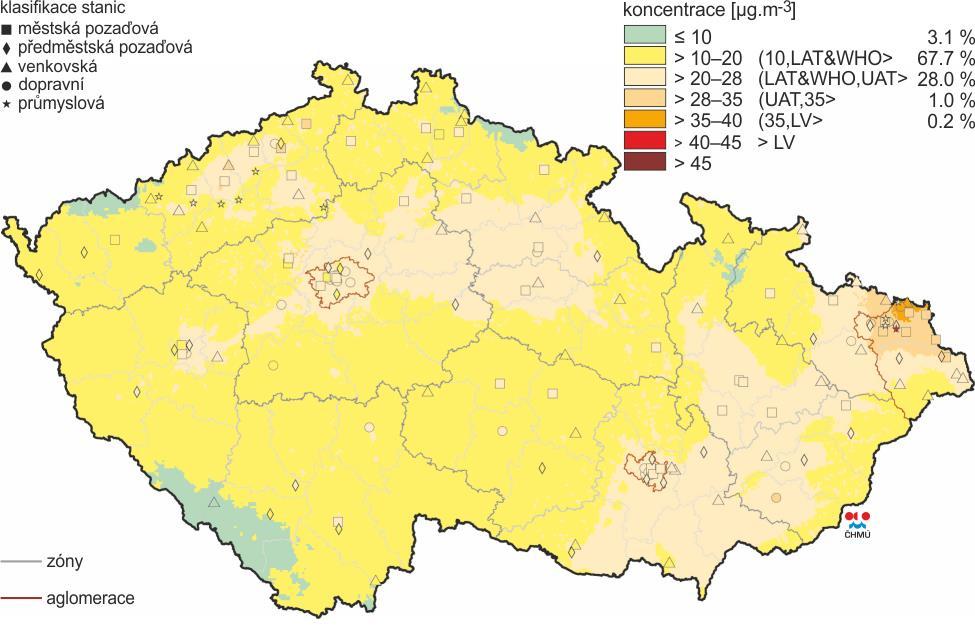 Obrázek 4: Pole roční průměrné koncentrace PM10 v roce 2016 Zdroj: ČHMÚ C.3.2. Imise částic PM2,5 Imise suspendovaných částic frakce PM 2,5 byly v roce 2016 na území Moravskoslezského kraje měřeny v 18 lokalitách.