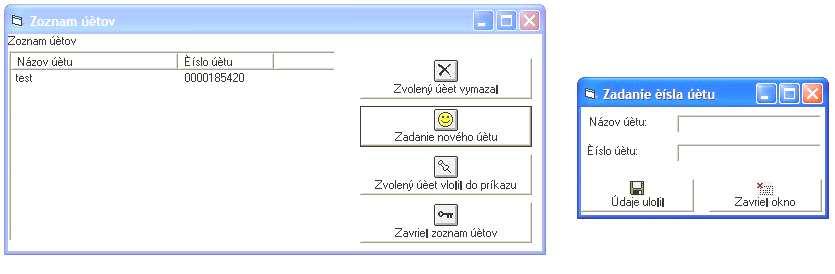 Prípadne pomocou tlačidla Zoznam účtov si vyberiete požadovaný účet: Ak nemáte ešte zadaný žiaden účet, po stlačení tlačidla Zadanie nového účtu sa Vám zobrazí dialógové okno na zadanie