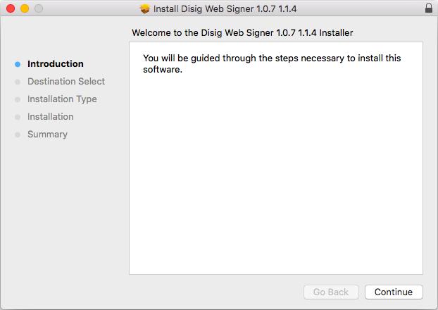 V grafickom používateľskom rozhraní spustite inštaláciu dvojklikom na archív s názvom Disig_Web_Signer_1.0.7_*.dmg.