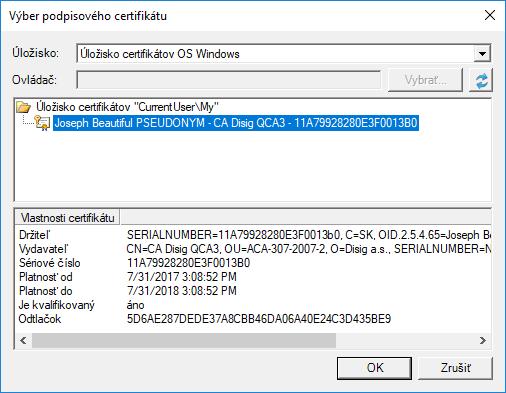 Obrázok 5-2 Výber podpisového certifikátu Zvolený certifikát je potrebné označiť a výber potvrdiť kliknutím na tlačidlo OK. Po výbere sa text tlačidla zmení na názov vybraného certifikátu.