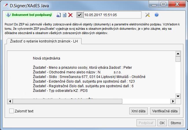 Strana 60 / 182 Následne po potvrdení certifikátu sa zobrazí obrazovka D.Signeru s hláškou, že dokument bol podpísaný.