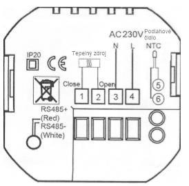 Zapojení: 1.N neutral, napájení tepelný zdroj 2.F fáze, napájení tepelný zdroj 3.N neutral, napájení ze sítě AC230V 4.F fáze, napájení ze sítě AC230V 5.NTC vstup pro podlahové čidlo 6.